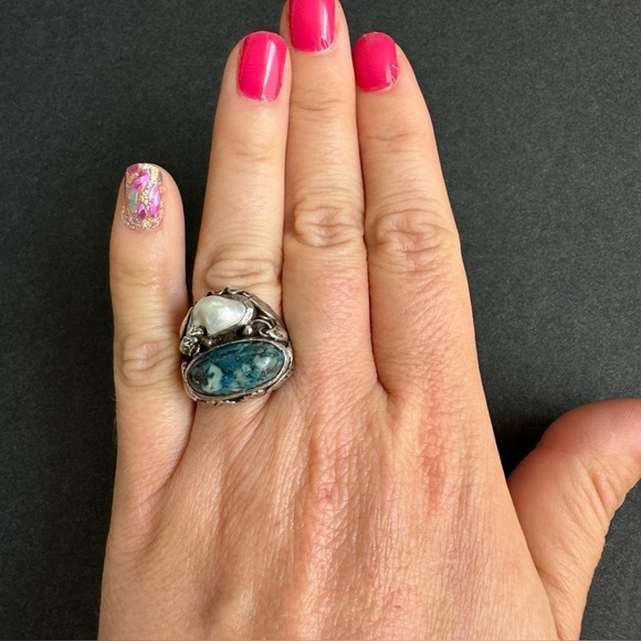 Vintage Art Nouveau Ring Pearl Sterling Silver Arts & Crafts Blue Floral 8.25 - Picture 13 of 15